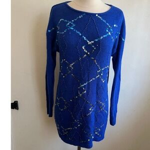 Le Chois Vintage Royal Blue Sequin Silk Angora Lambswool Sweater Dress Medium
